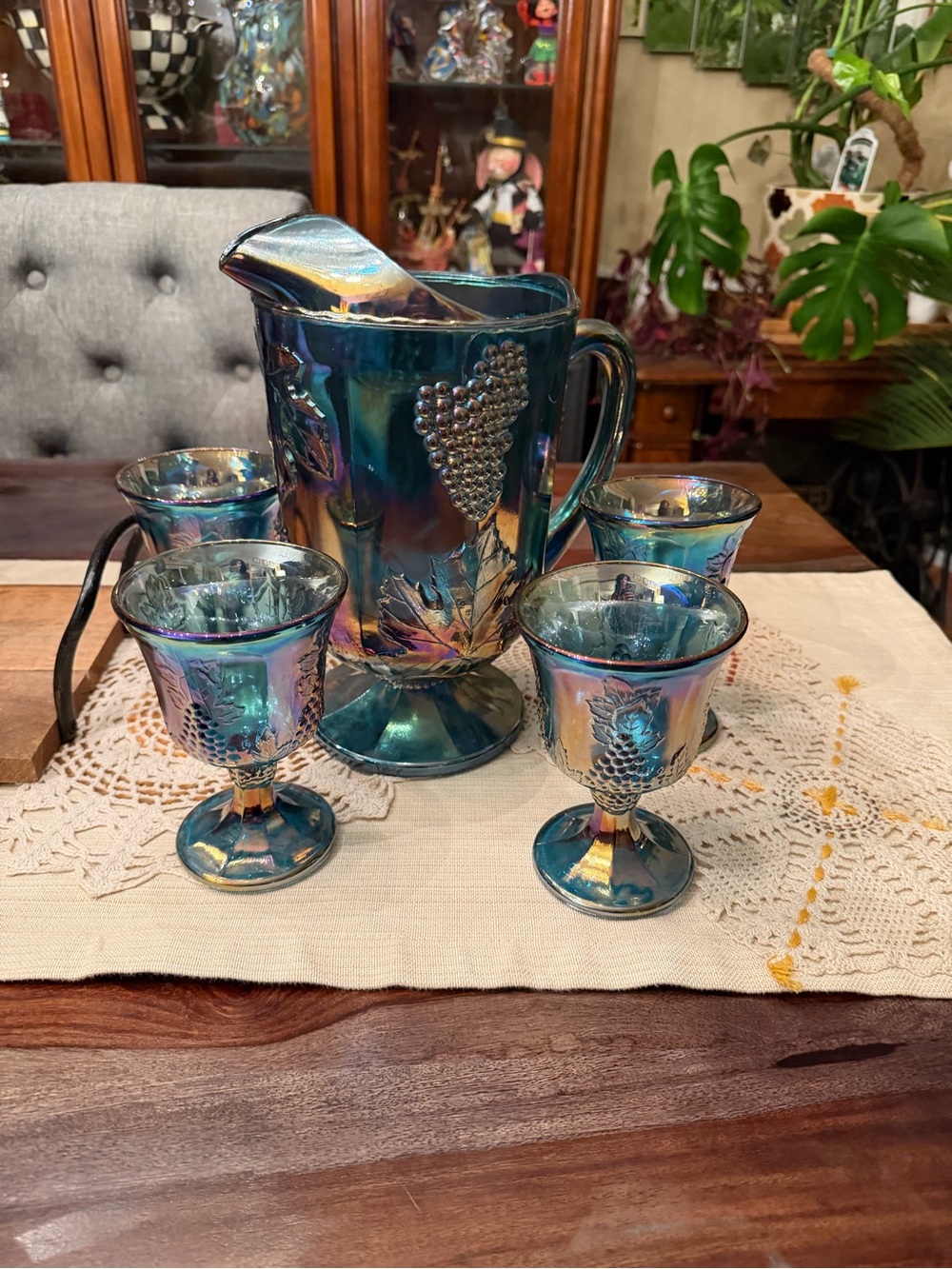Iridescent Blue Glass Pitcher and Goblet Set - Blue Carnival Drinkware